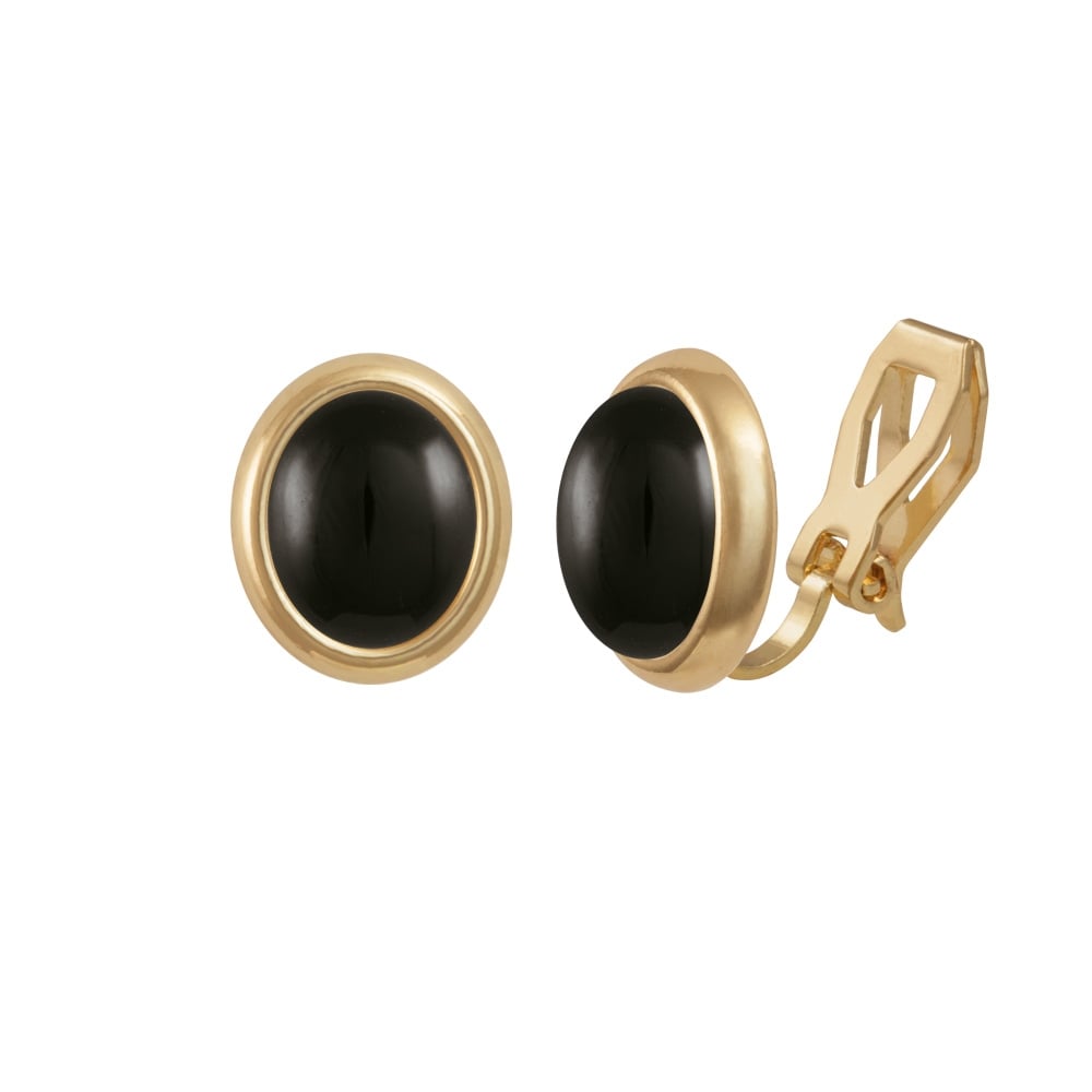 Minuet Black Onyx Gold Tone Stud Clip On Earrings