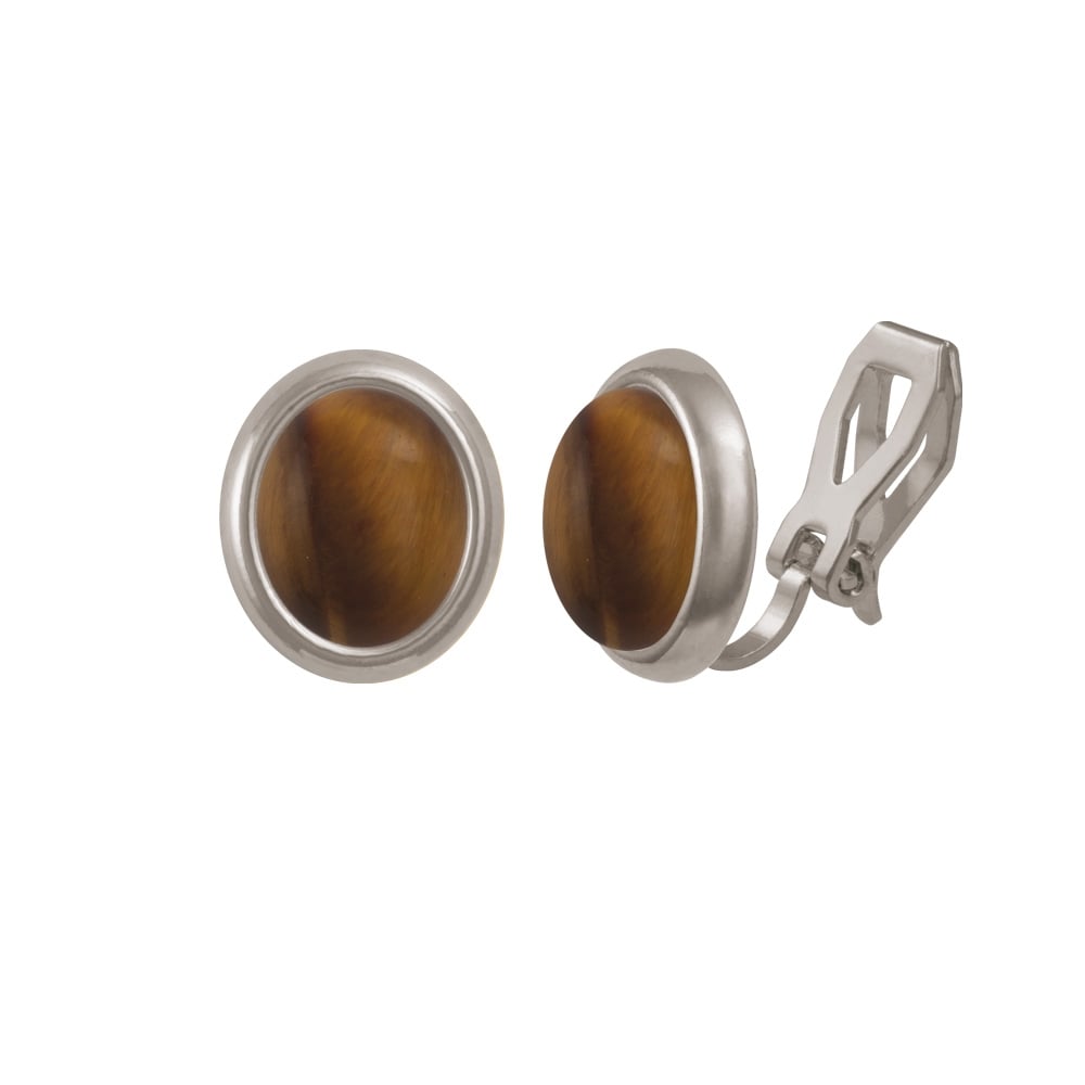 Minuet Tiger's Eye Silver Tone Stud Clip On Earrings