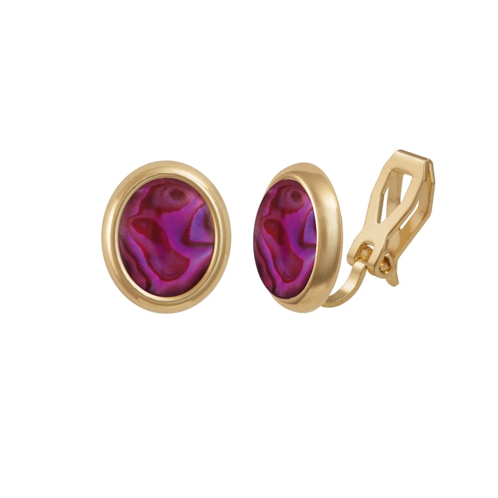 Minuet Purple/Fuchsia Paua Shell Gold Tone Stud Clip On Earrings