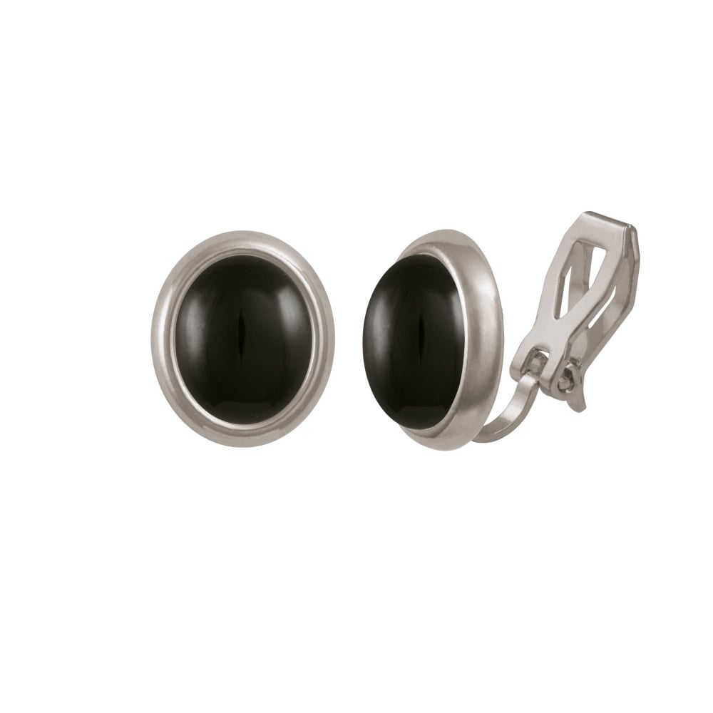 Minuet Black Onyx Silver Tone Stud Clip On Earrings