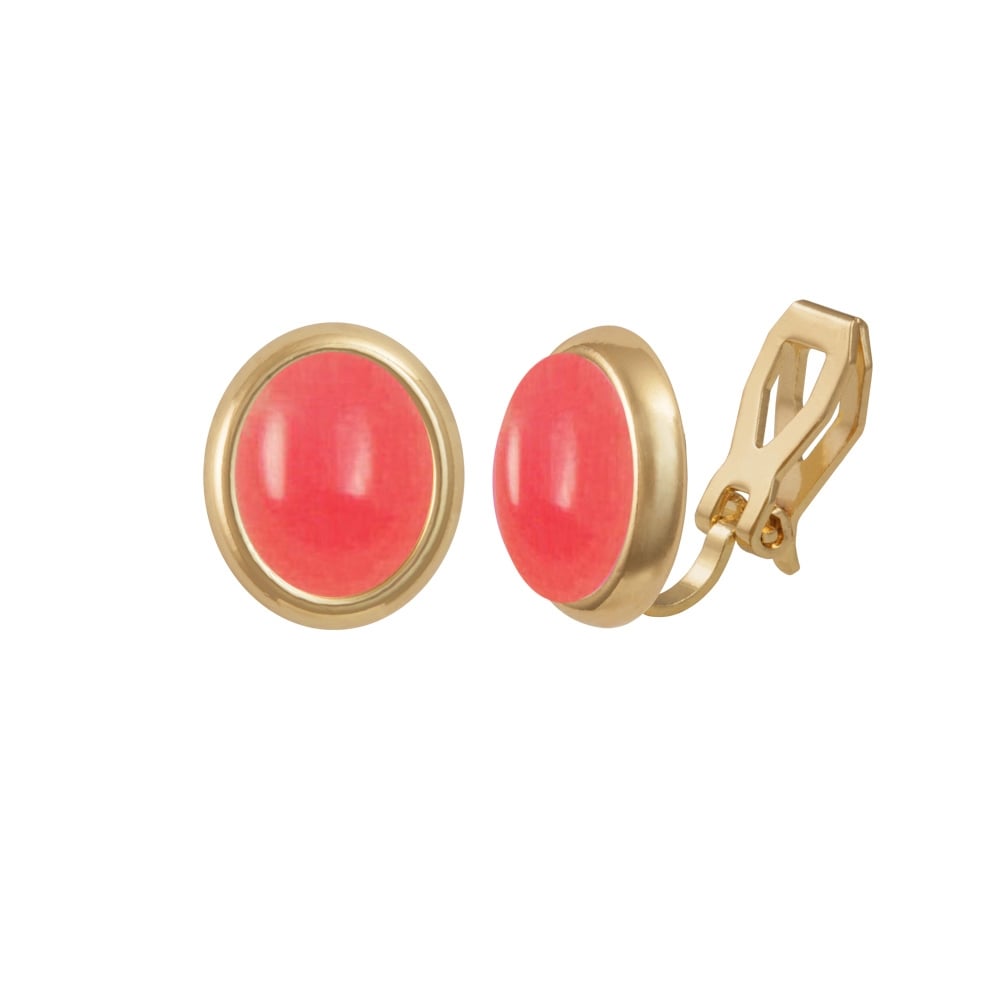 Minuet Salmon Pink Quartz Cabochon Gold Tone Clip On Earrings