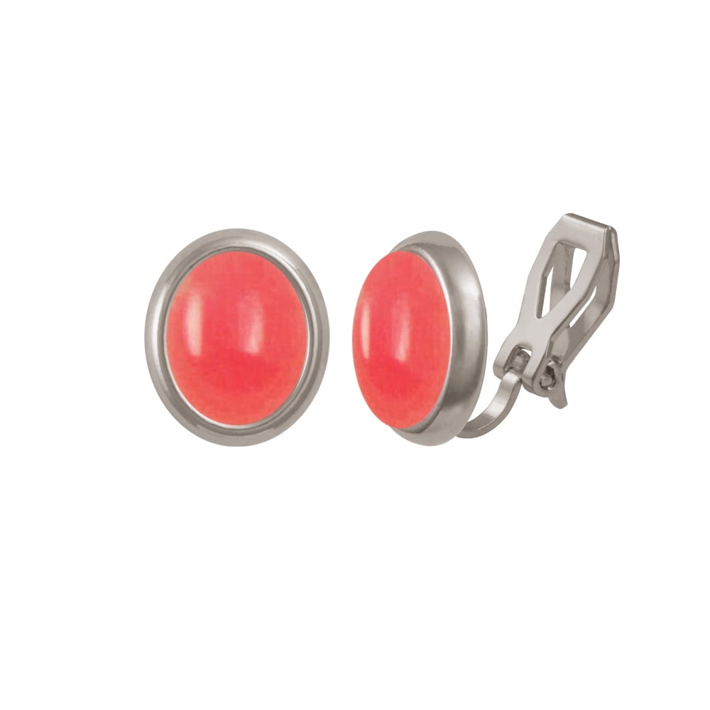 Minuet Salmon Pink Quartz Cabochon Silver Tone Clip On Earrings