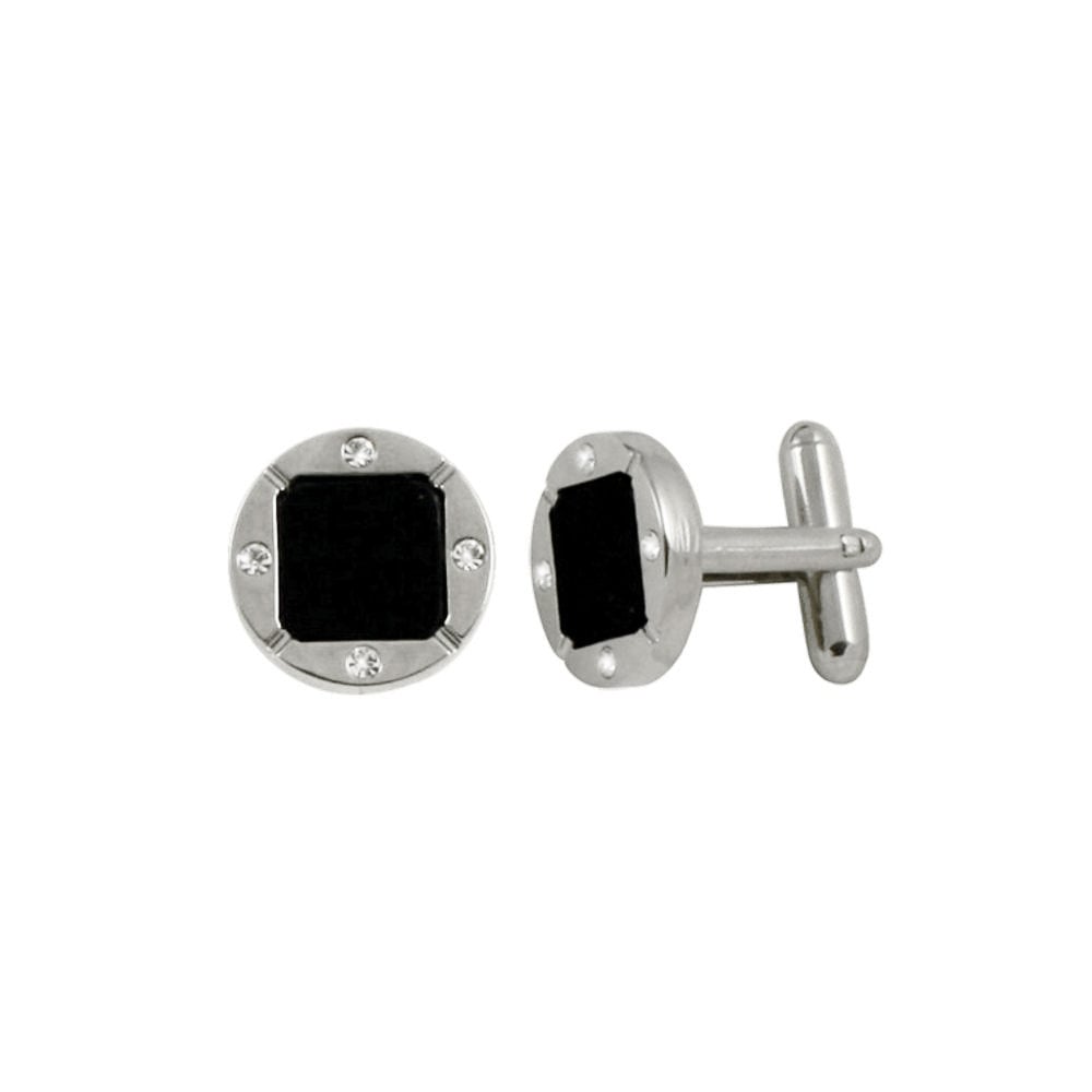 Drama Black Enamel and Silver Round Cufflinks