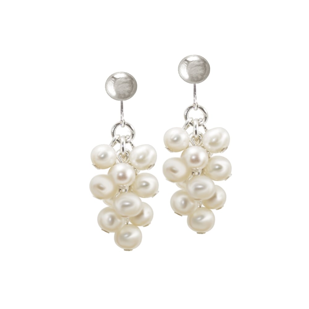 Lustrous White Freshwater Pearl Cluster Silver Tone Drop Clip On Earrings