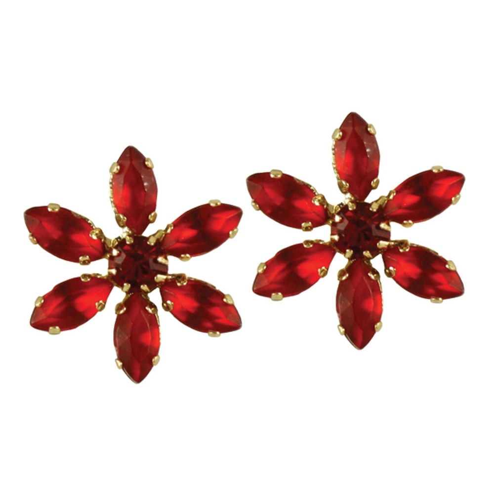 Sentimental Light Siam Red Crystal Flower Gold Tone Pierced Earrings