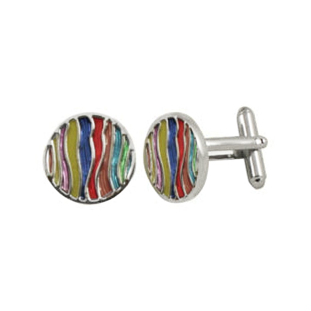 Waves Multi Coloured Enamel Striped Round Silver Tone Cufflinks