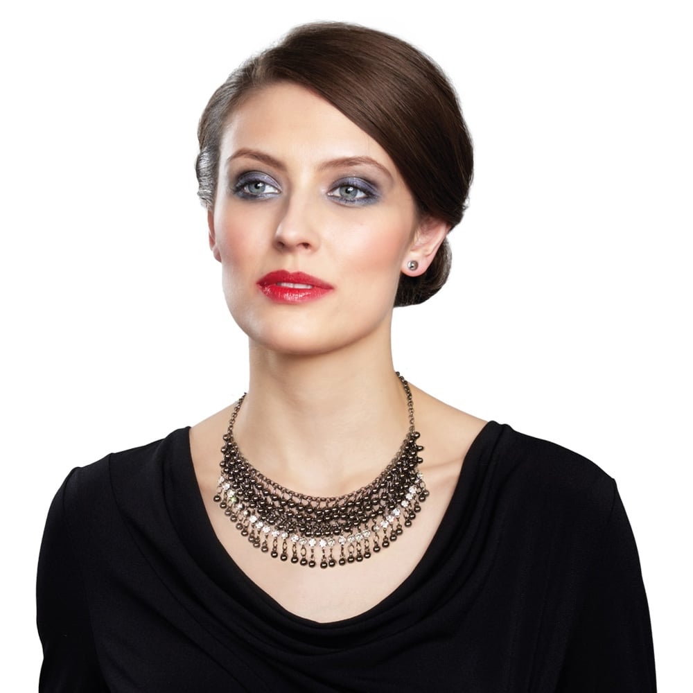 Zanzibar Smoky Faux Pearl and Crystal Gunmetal Tone Fashion Necklace