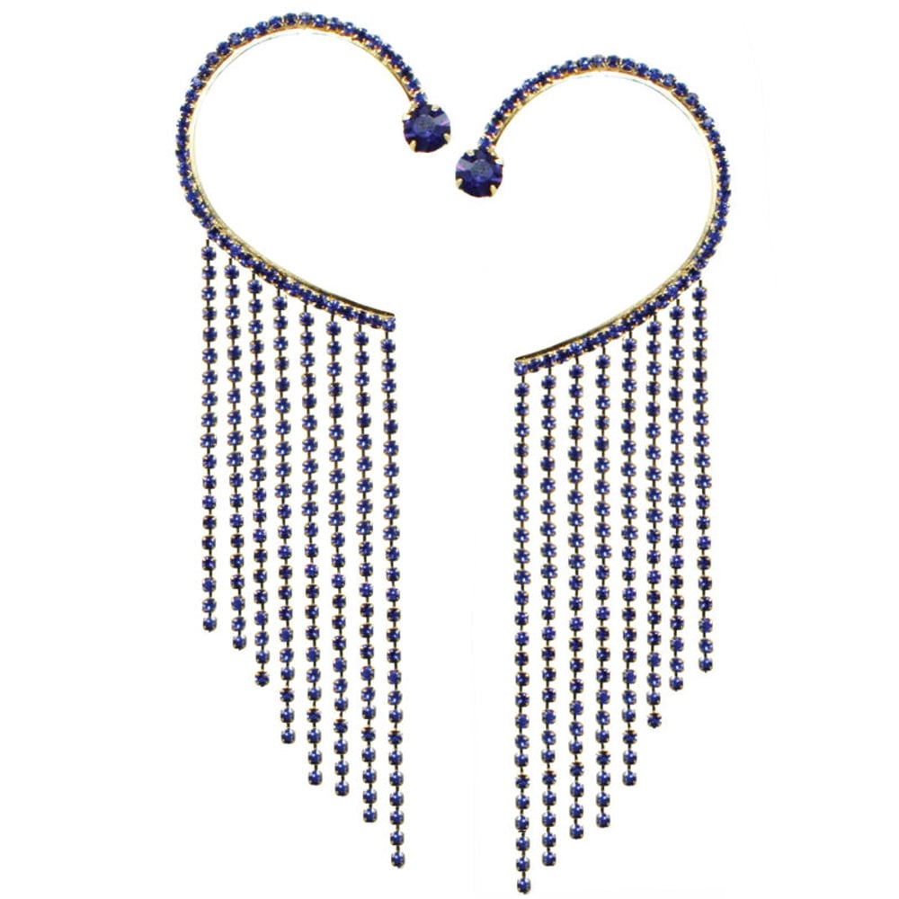 Diva Deep Sapphire Blue Crystal Diamante Gold Tone Over Ear Cuff Earrings