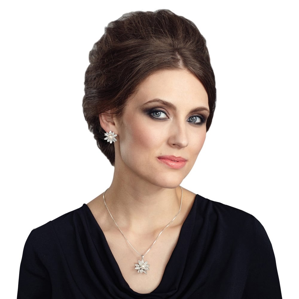 Gardenia AAA Akoya Pearl and Clear CZ Sterling Silver Stud Pierced Earrings