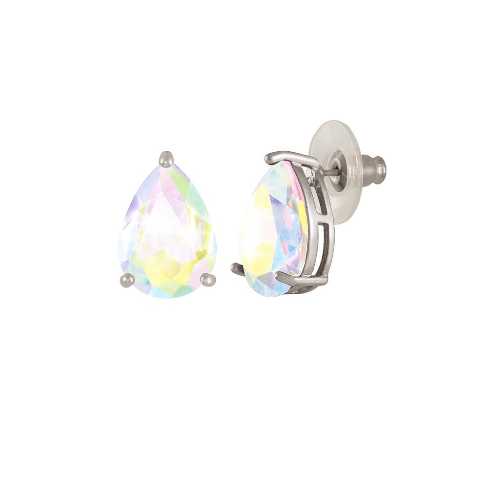 Seduction Teardrop Aurora Borealis Crystal Silver Tone Stud Pierced Earrings