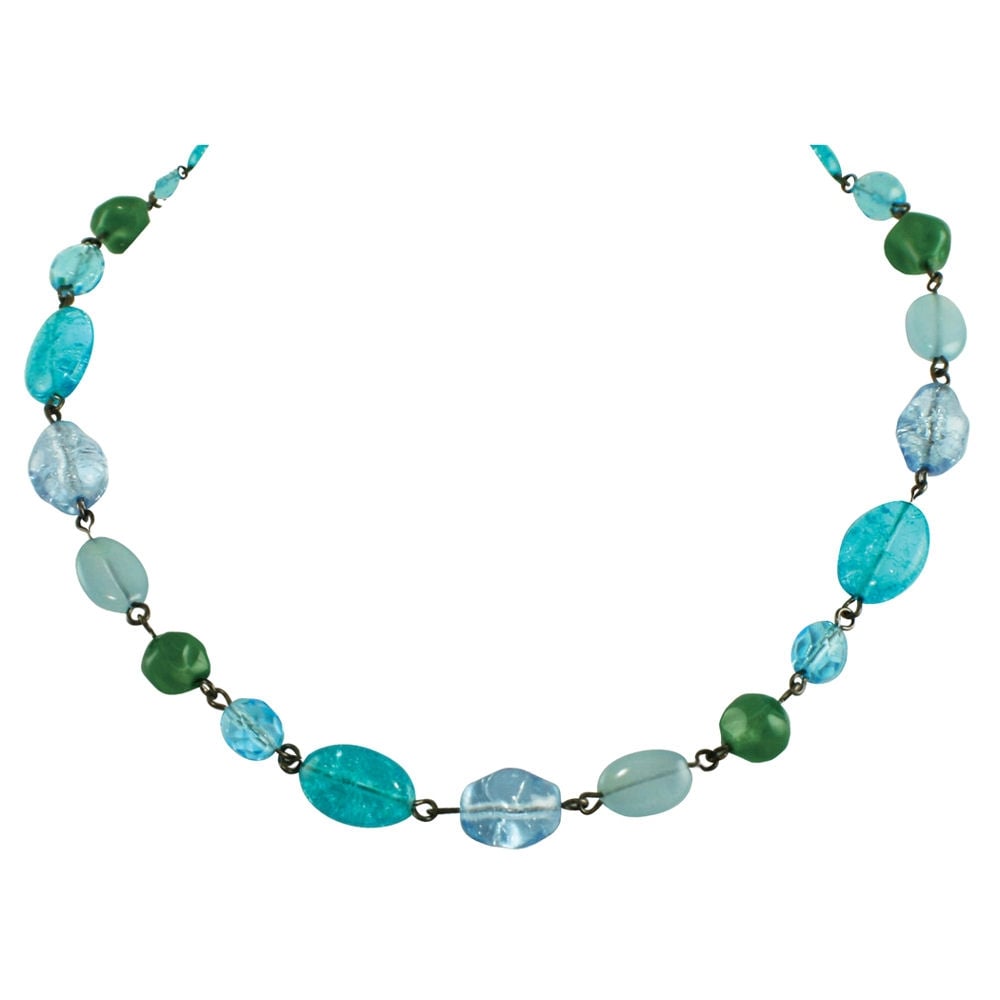 Martinique Blue Aqua and Green Crystal 18 Inch Gunmetal Beaded Necklace