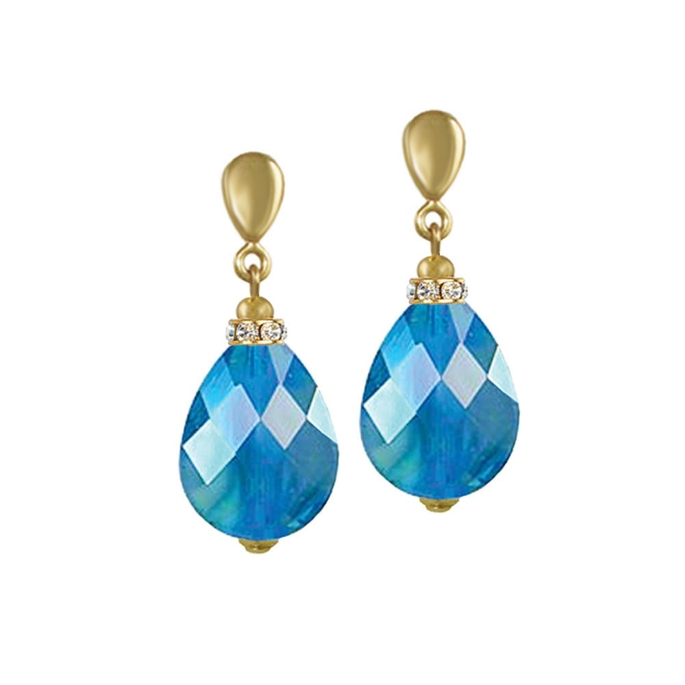 Infinity Aqua Blue AB Marbled Glass Gold Tone Drop Clip On Earrings