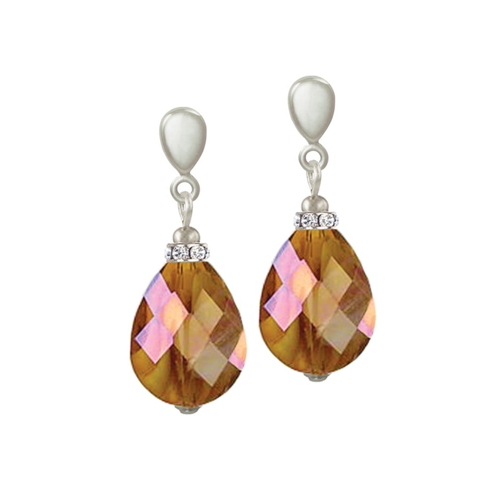 Infinity Amber AB Marbled Glass Silver Tone Drop Clip On Earrings