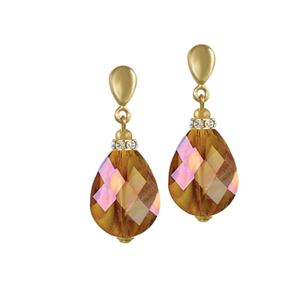 Infinity Amber AB Marbled Glass Gold Tone Drop Pierced Earrings