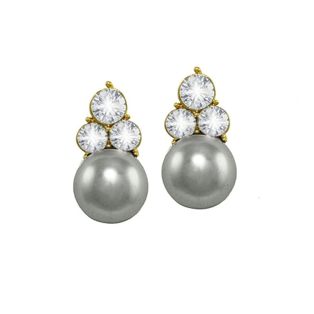 Signature Silver Glass Pearl and Crystal Gold Tone Stud Pierced Earrings