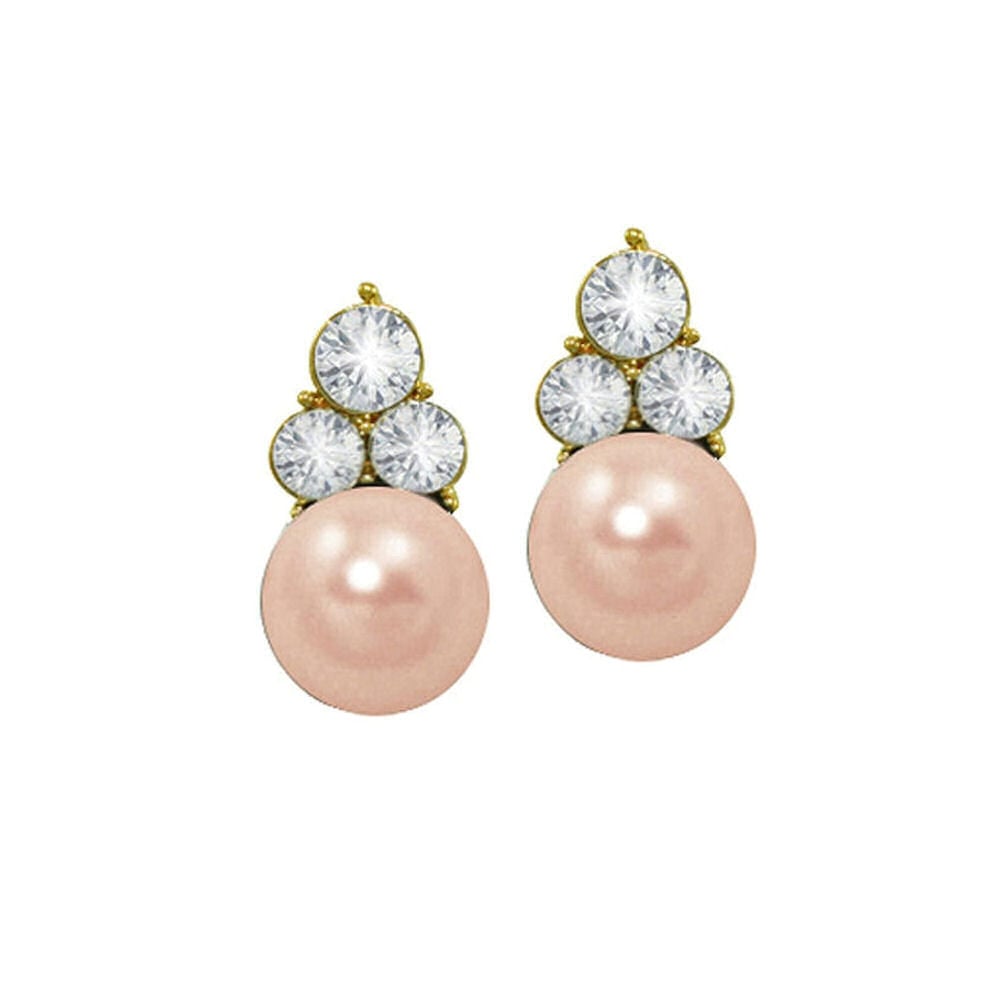 Signature Pink Glass Pearl and Crystal Gold Tone Stud Pierced Earrings