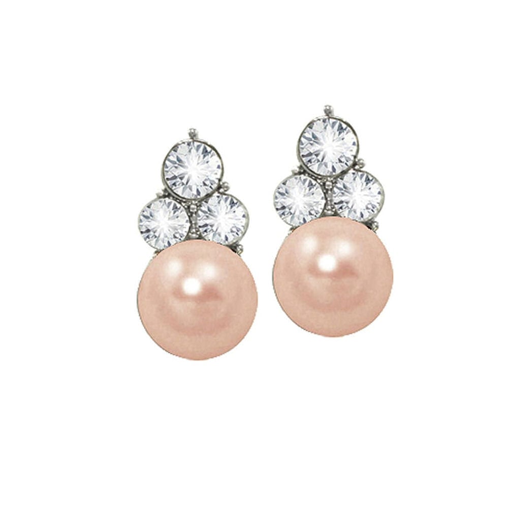 Signature Pink Glass Pearl and Crystal Silver Tone Stud Pierced Earrings