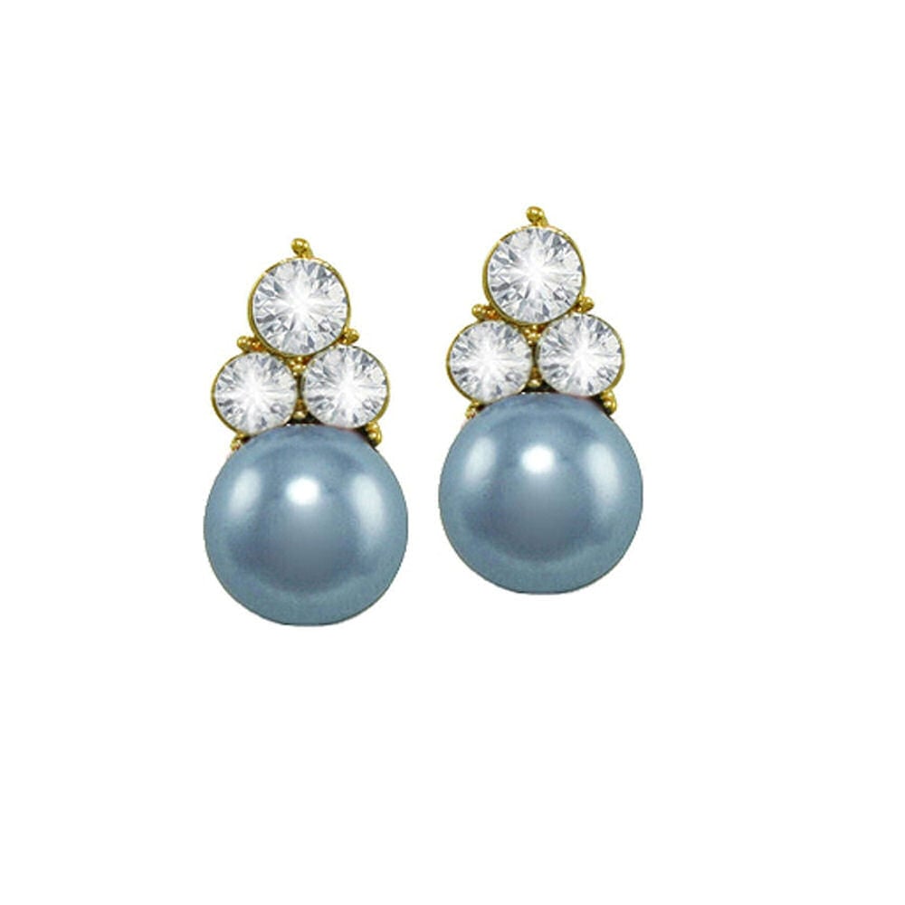 Signature Powder Blue Glass Pearl and Crystal Gold Tone Stud Pierced Earrings