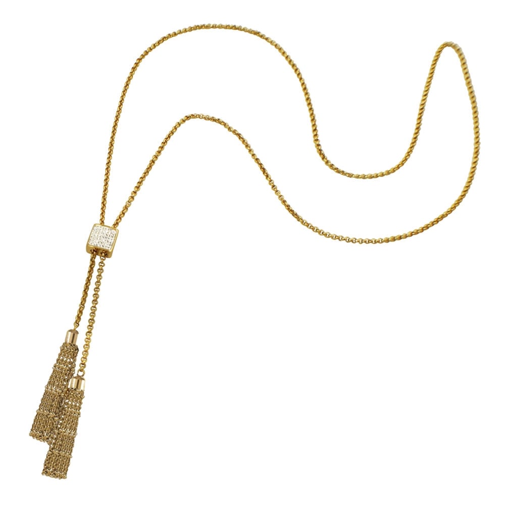 Kensington Clear Crystal Gold Tone Stainless Steel Tassel Lariat Necklace