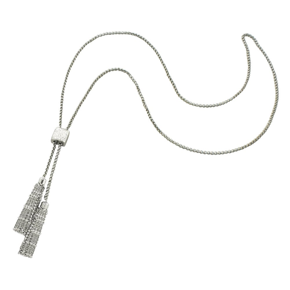Kensington Clear Crystal Stainless Steel Tassel Lariat Necklace