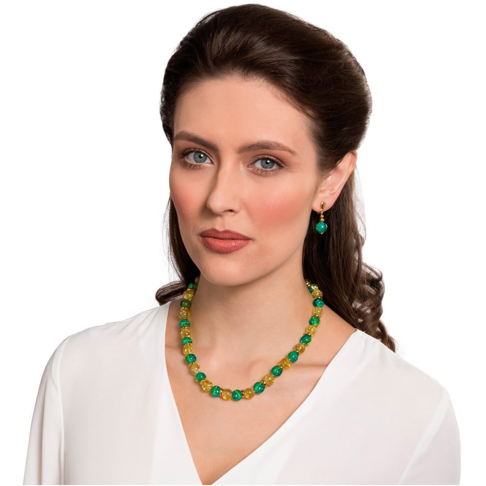 Dominica Green and Yellow Crackle Bead Gold Tone Drop Clip On Earrings