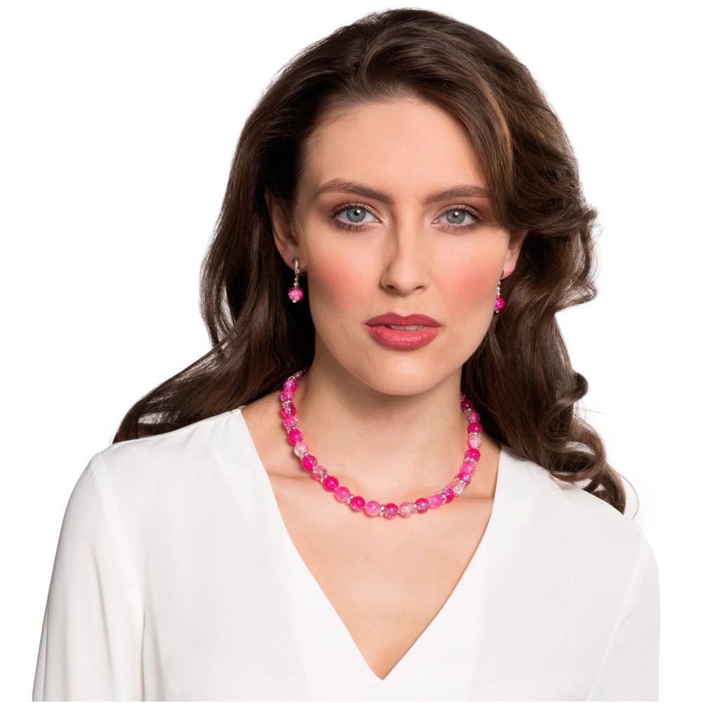 Dominica Fuchsia Crackle Glass Bead Silver Tone Drop Clip On Earrings