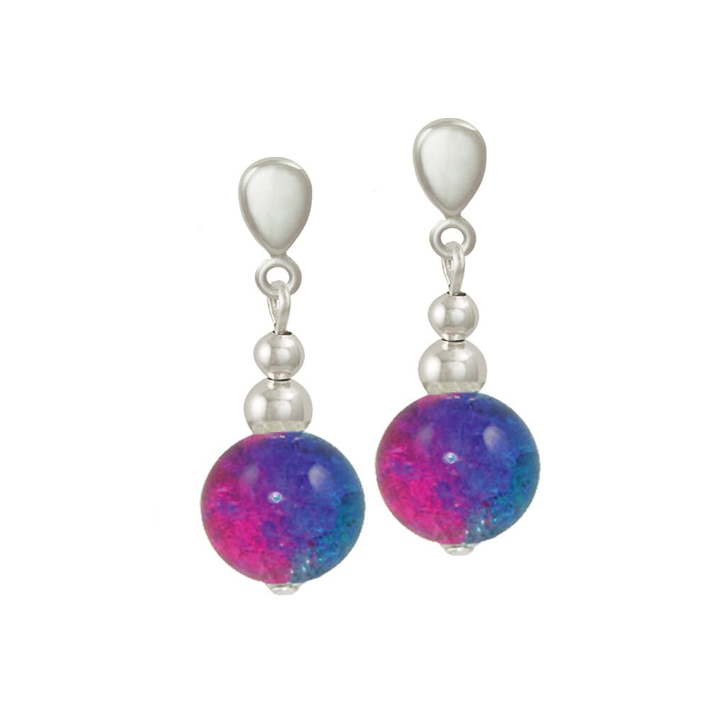 Dominica Blue and Fuchsia Crackle Bead Silver Tone Drop Clip On Earrings