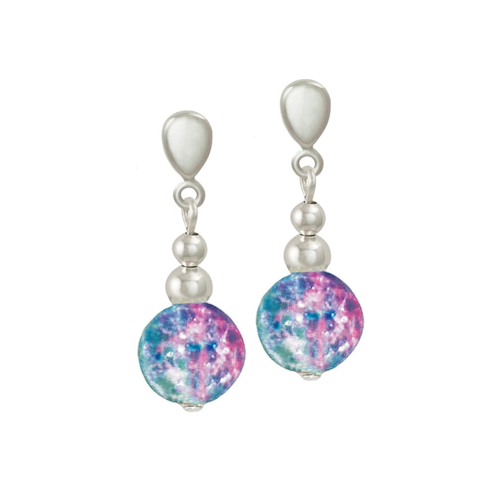 Dominica Aqua and Pink Crackle Bead Silver Tone Drop Clip On Earrings