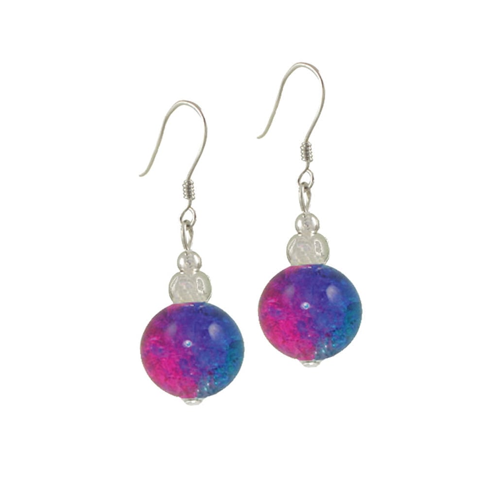 Dominica Blue and Fuchsia Crackle Bead Silver Tone Drop Pierced Earrings