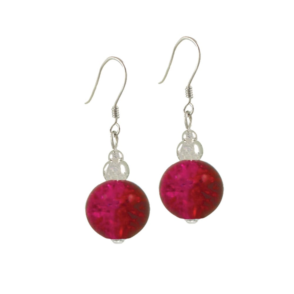 Dominica Red/Magenta Crackle Bead Silver Tone Drop Pierced Earrings