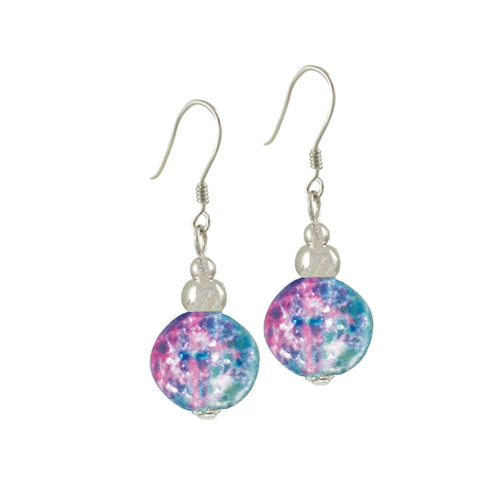 Dominica Aqua and Pink Crackle Bead Silver Tone Drop Pierced Earrings