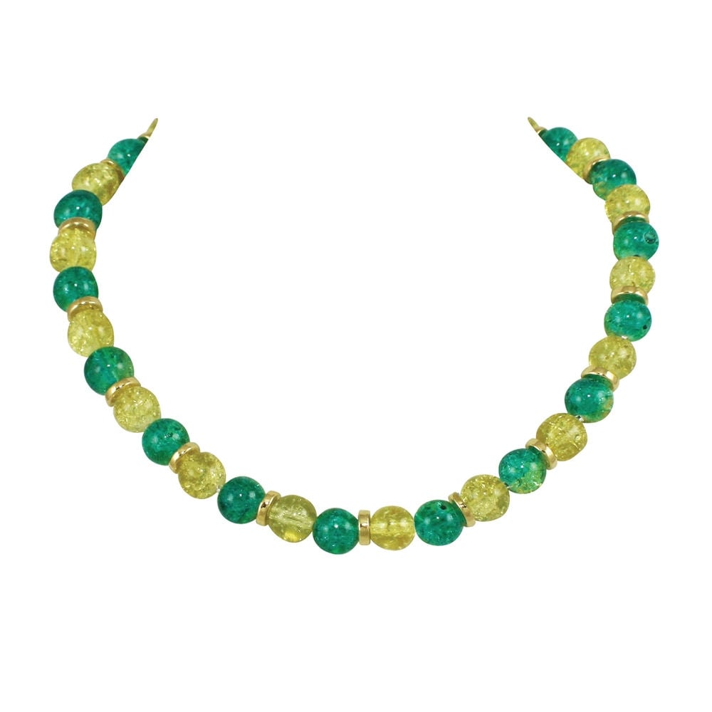 Dominica Green and Yellow Glass Crackle Bead Gold Tone Necklace
