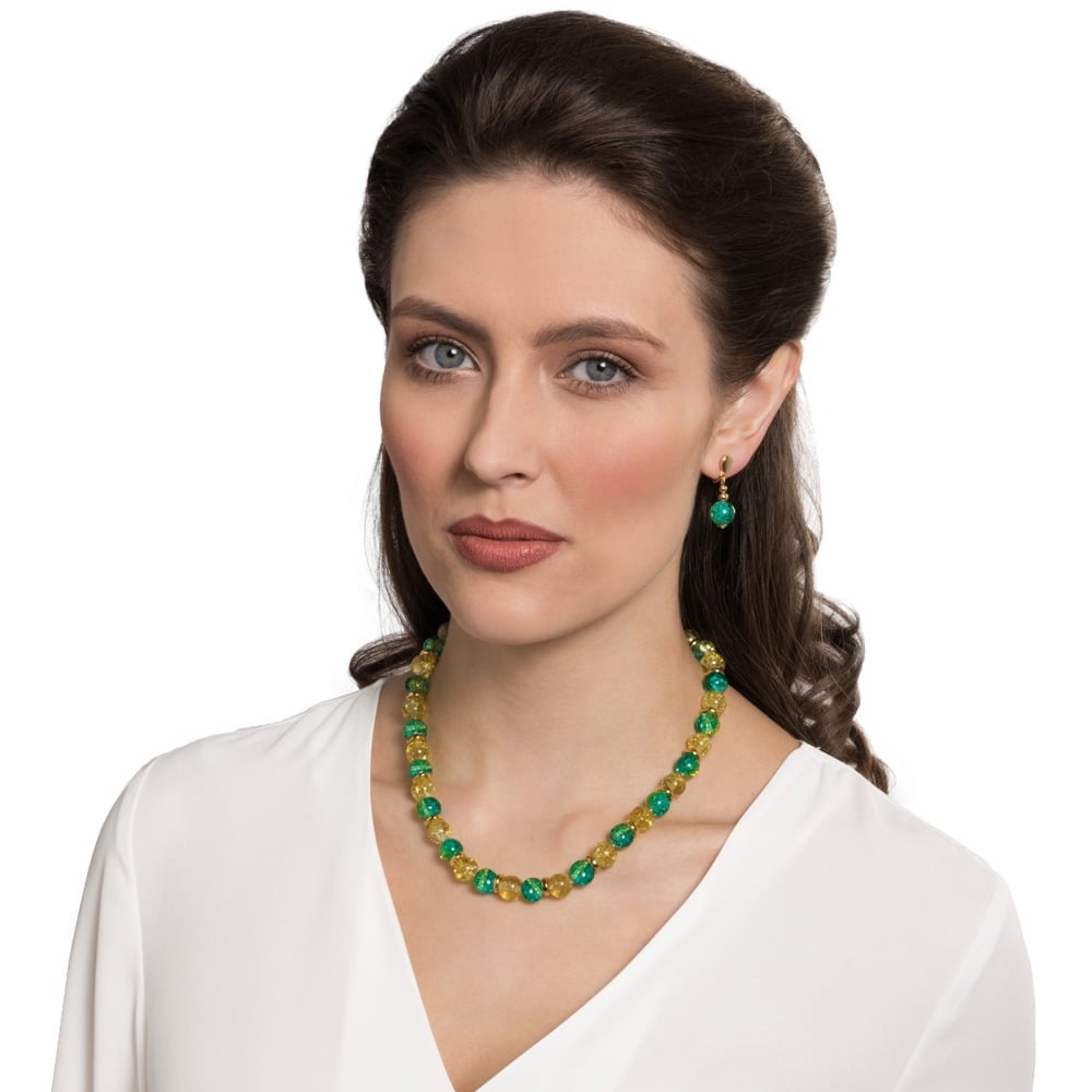 Dominica Green and Yellow Glass Crackle Bead Gold Tone Necklace