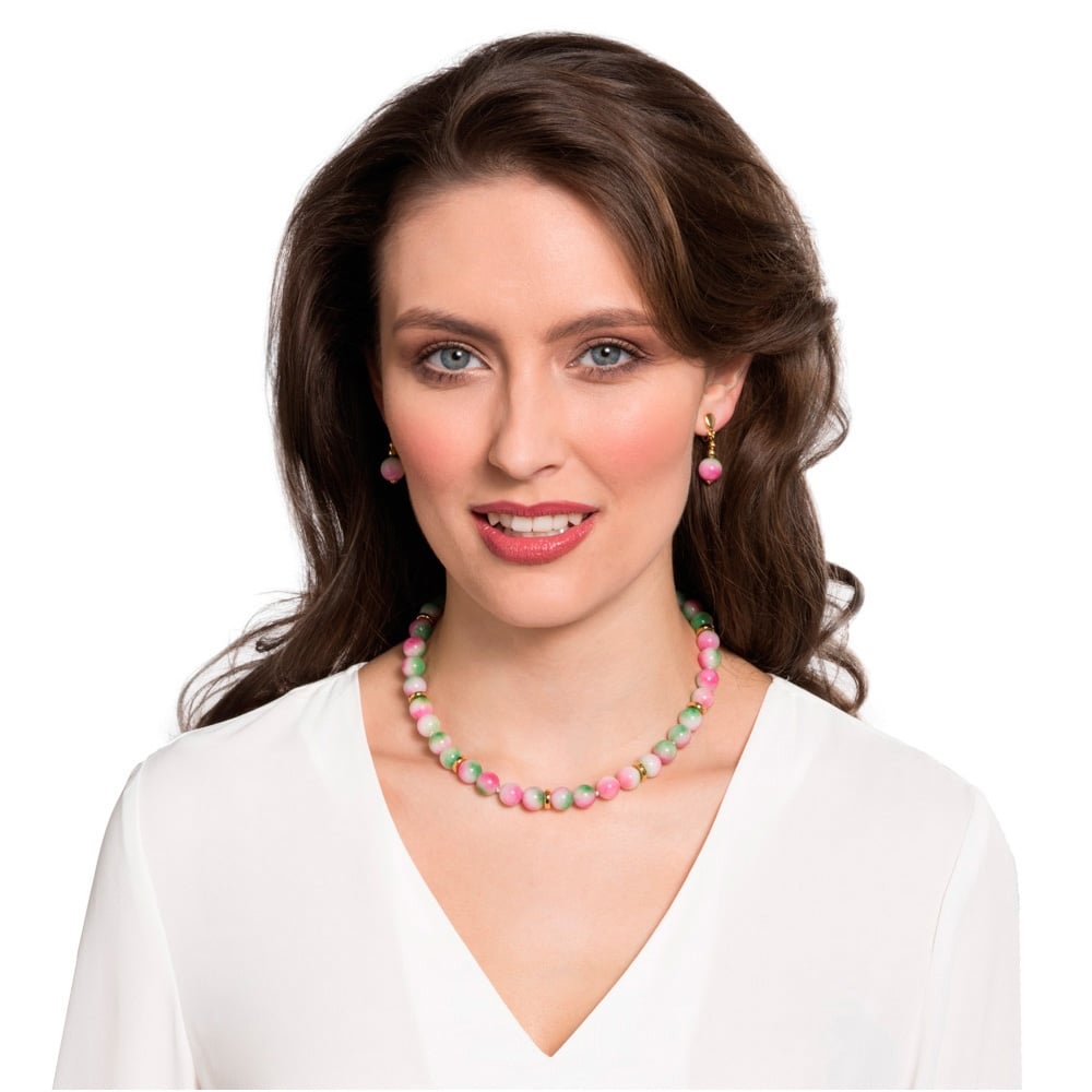 Essentia Green Pink White Malaysian Jade Gold Tone Drop Clip On Earrings