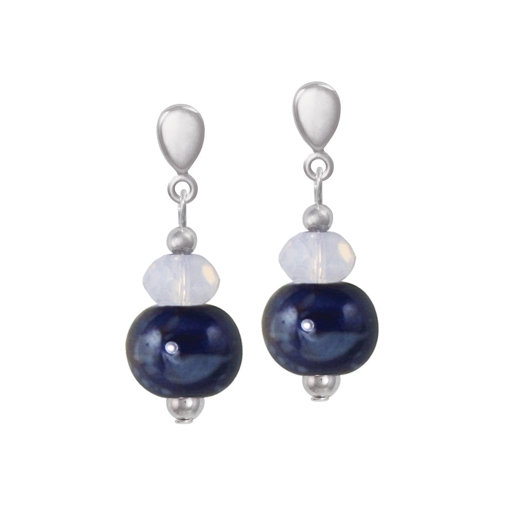 Harmony Deep Blue Ceramic and Crystal Silver Tone Drop Clip On Earrings