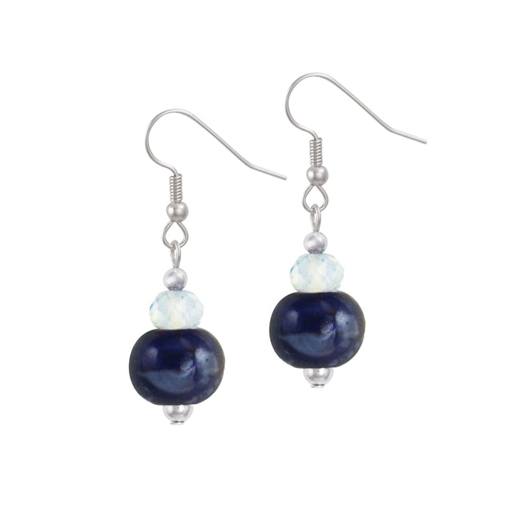 Harmony Deep Blue Ceramic and Crystal Silver Tone Drop Pierced Earrings