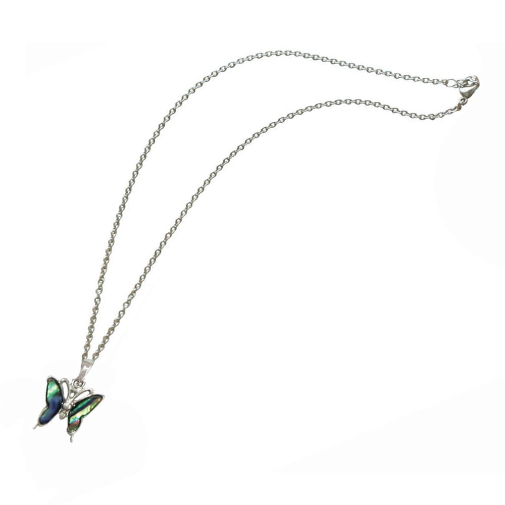 Take Flight Paua Shell Petite Butterfly Silver Tone Pendant Necklace