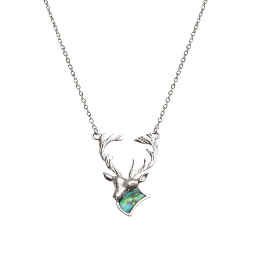 Monarch of the Glen Paua Shell Silver Tone Stag Necklace