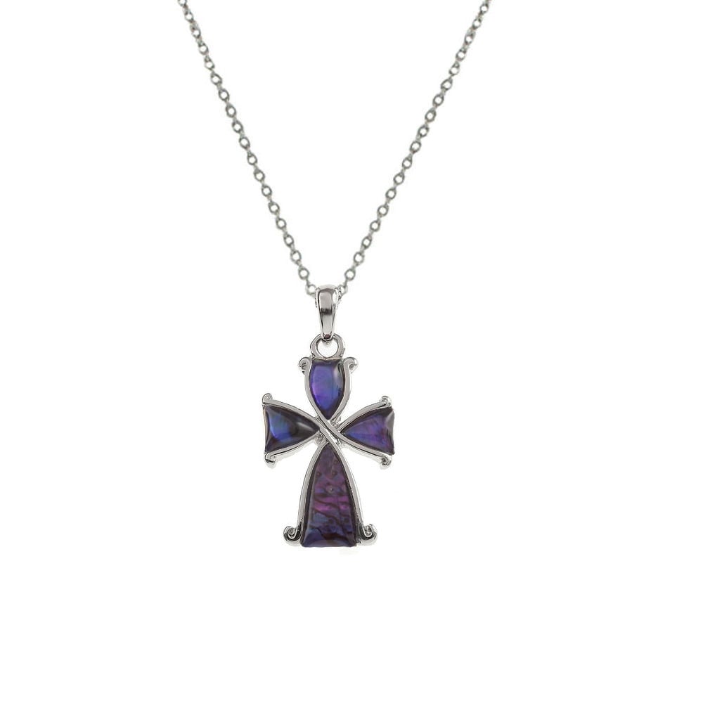 Devotion Purple Paua Shell Silver Tone Cross Pendant