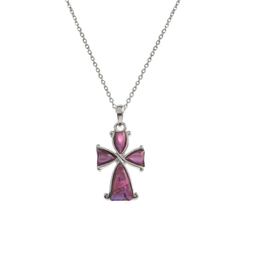 Devotion Pink Paua Shell Silver Tone Cross Pendant