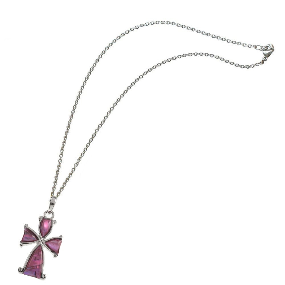 Devotion Pink Paua Shell Silver Tone Cross Pendant