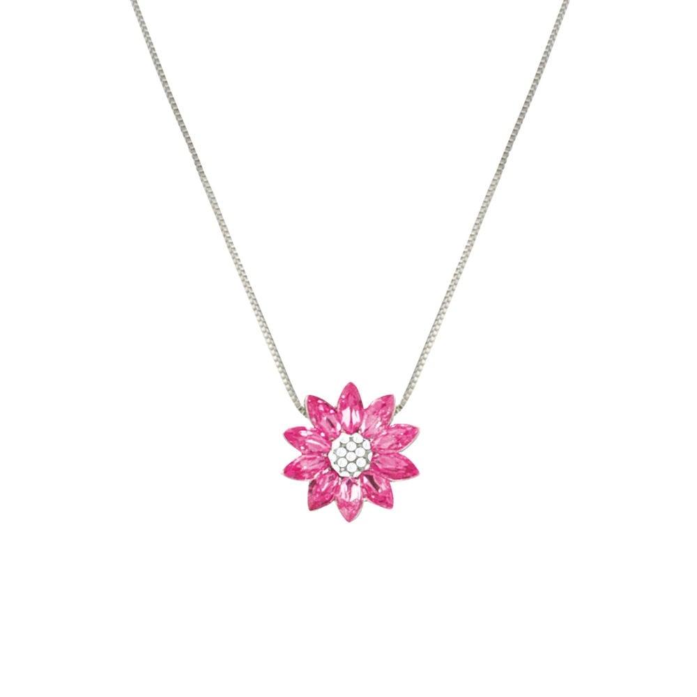 Lotus Rose Pink Austrian Crystal Silver Tone Pendant Necklace
