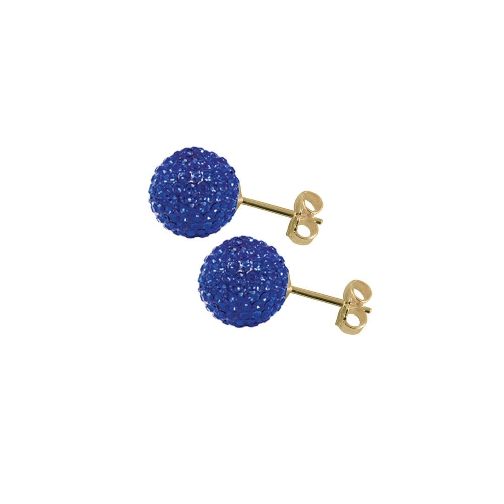 Shamballa 10mm Sapphire Blue Glitter Ball Gold Tone Stud Pierced Earrings