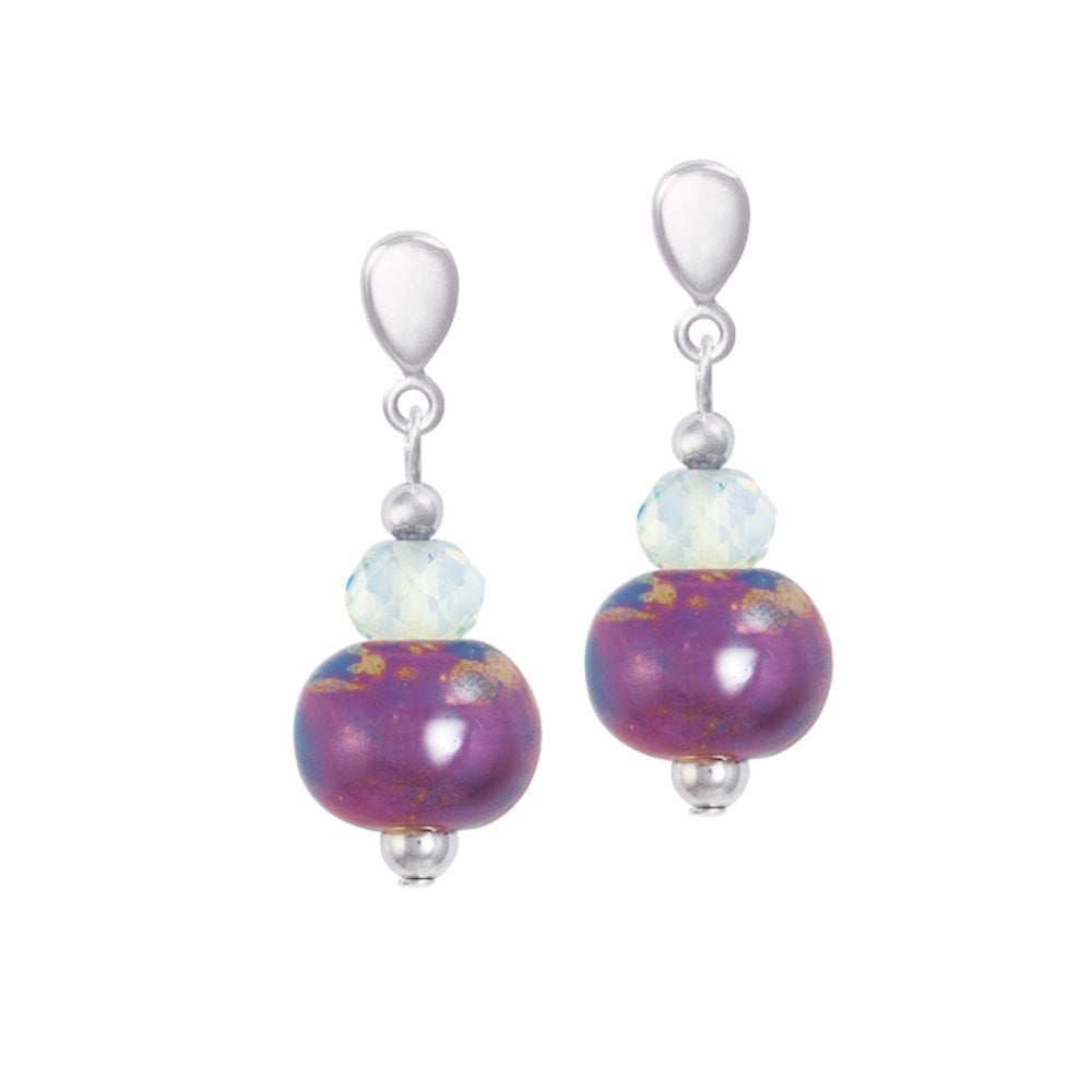 Harmony Orchid Ceramic and Crystal Silver Tone Drop Clip On Earrings