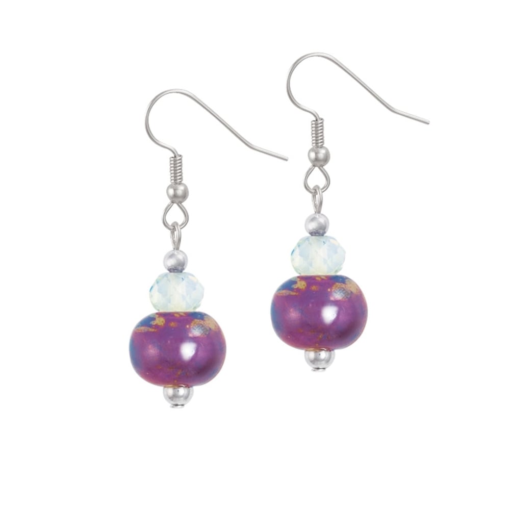 Harmony Orchid Ceramic and Crystal Silver Tone Drop Pierced Earrings