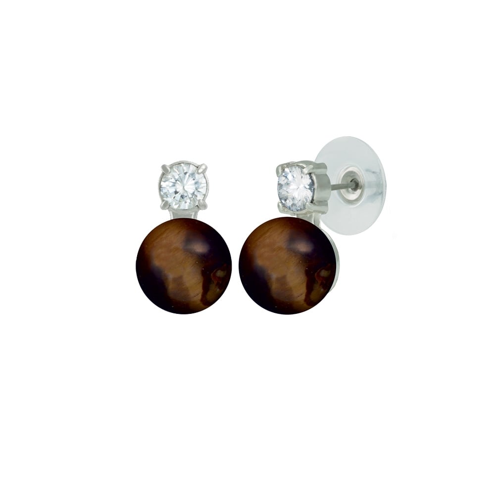 Eternity Tigers Eye & CZ Silver Stud Pierced Earrings