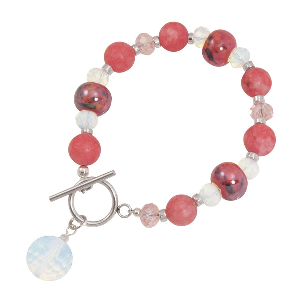Harmony Coral Pink Jade and Crystal Ceramic Beaded Bracelet