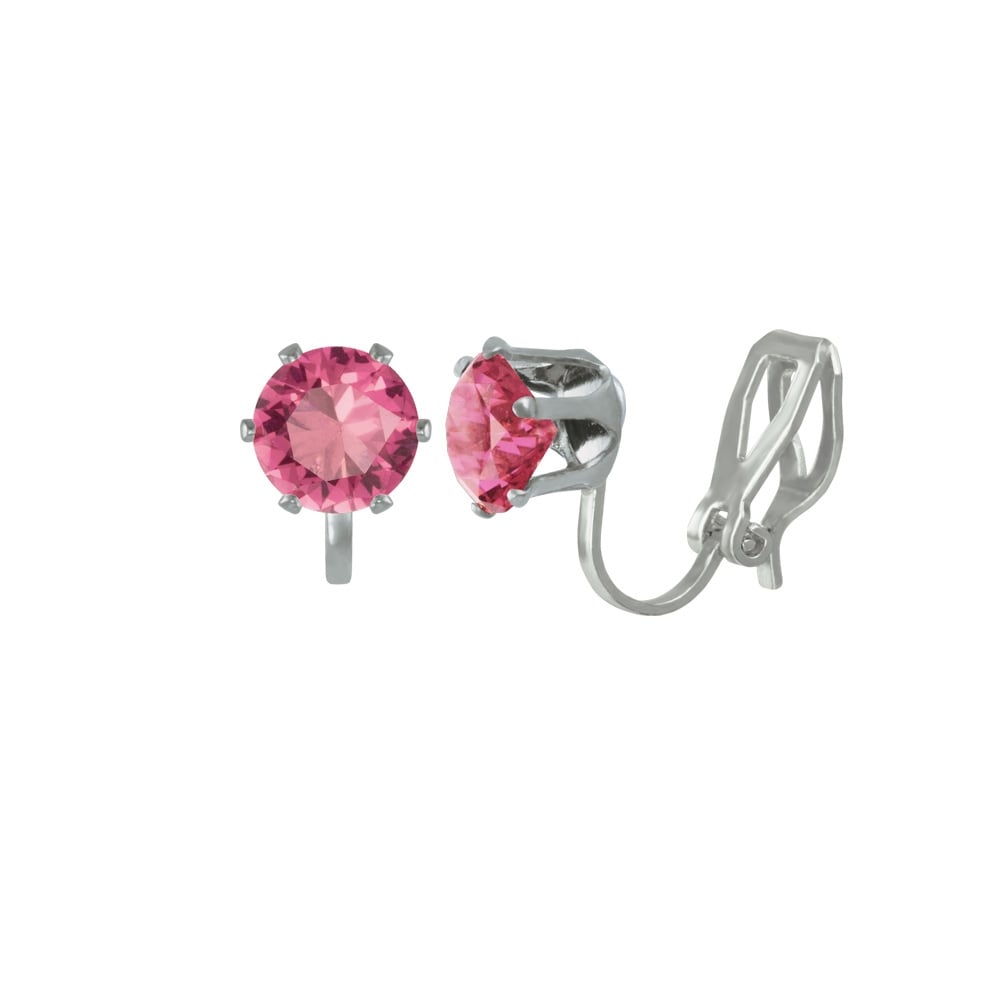Tara Rose Pink Crystal Silver Tone Stud Clip On Earrings