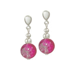 Dominica Fuchsia Crackle Glass Bead Silver Tone Drop Clip On Earrings