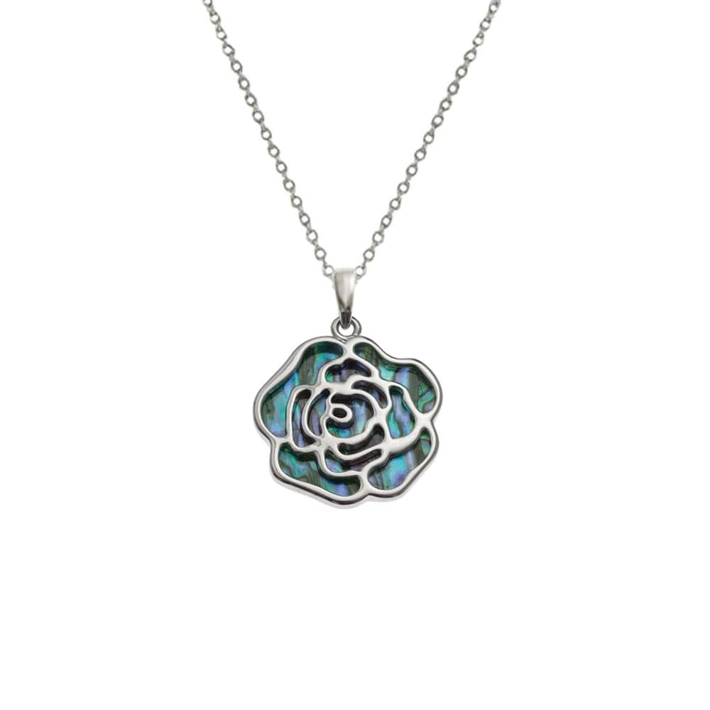 Rosa Paua Shell Silver Tone Floral Pendant Necklace